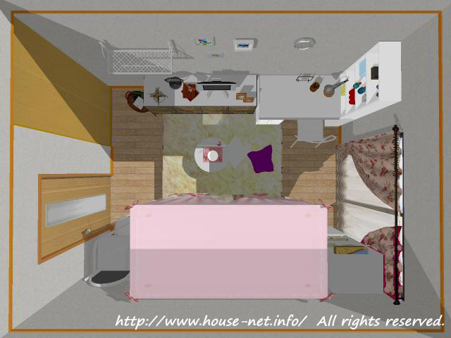 6畳のワンルームに天蓋ベッドをコーディネートした平面図・3Dパースby Miki yoshima